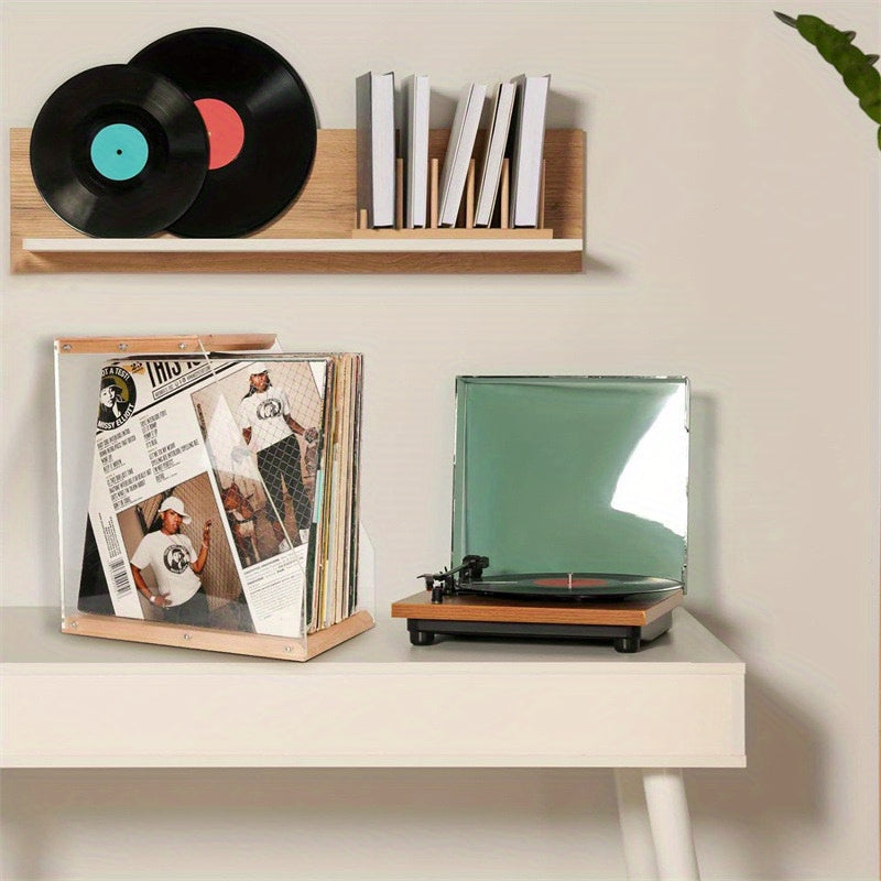 Wooden LP Record Stand, Transparent Acrylic Record Storage Rack for Desktop