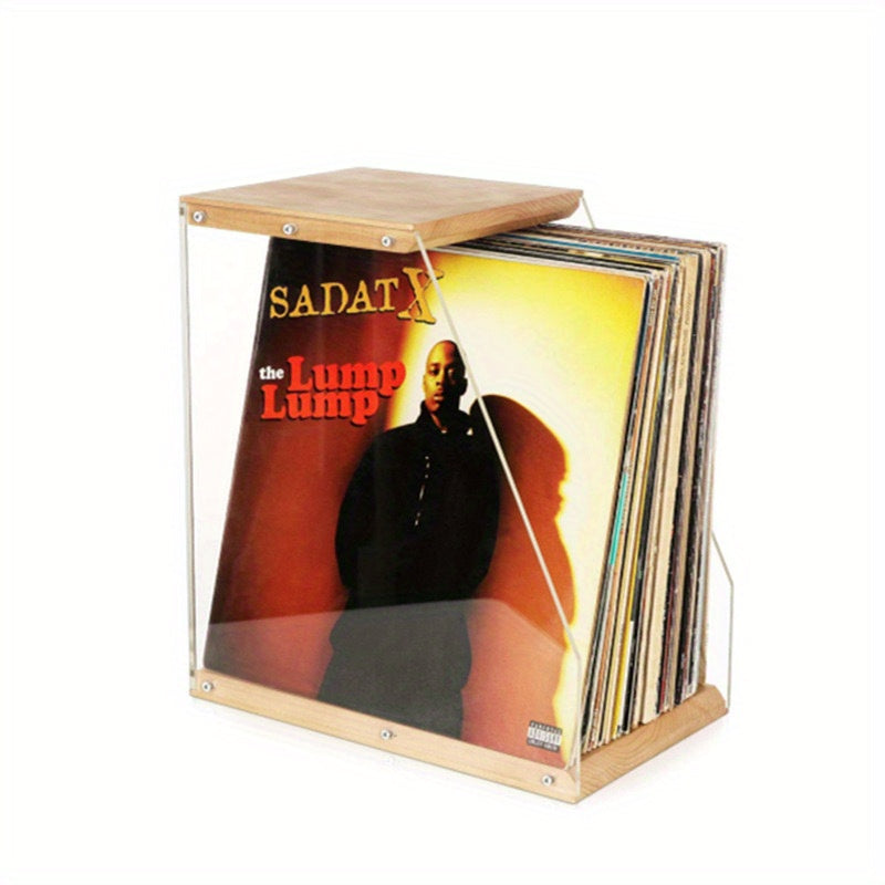 Wooden LP Record Stand, Transparent Acrylic Record Storage Rack for Desktop