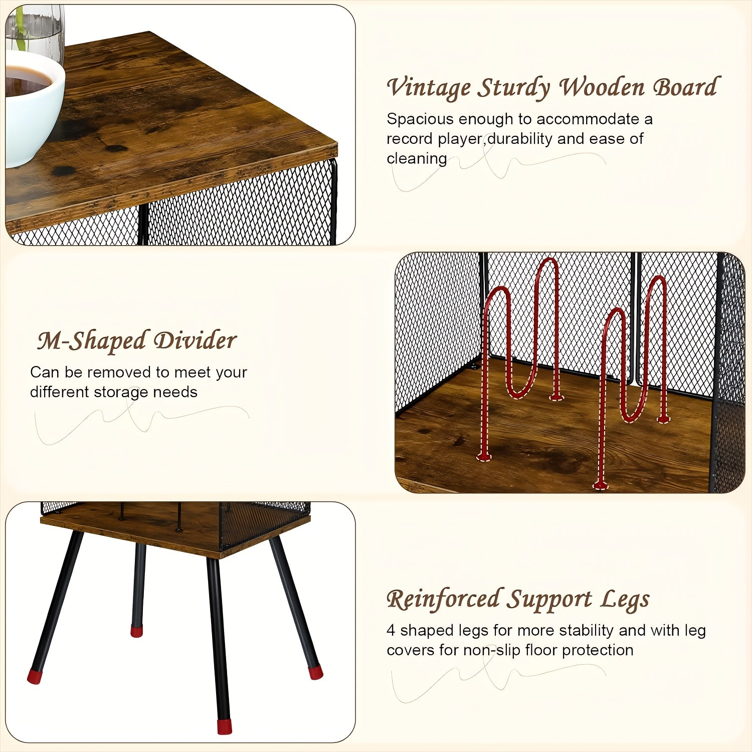 Vinyl Record Player Stand with Storage Shelf, 4 Legs + 2 Divided Shelves