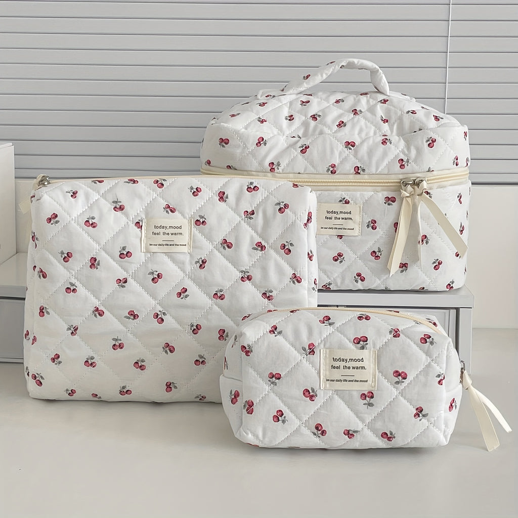 3pcs Quilted Sauce Fruit Cosmetic Bag