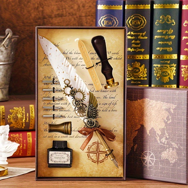 1 set of artificial feathers vintage mechanical gear pen