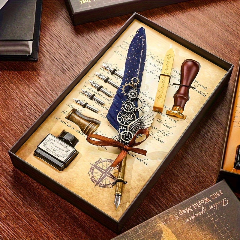 1 set of artificial feathers vintage mechanical gear pen