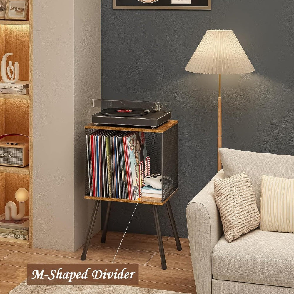 Vinyl Record Player Stand with Storage Shelf, 4 Legs + 2 Divided Shelves