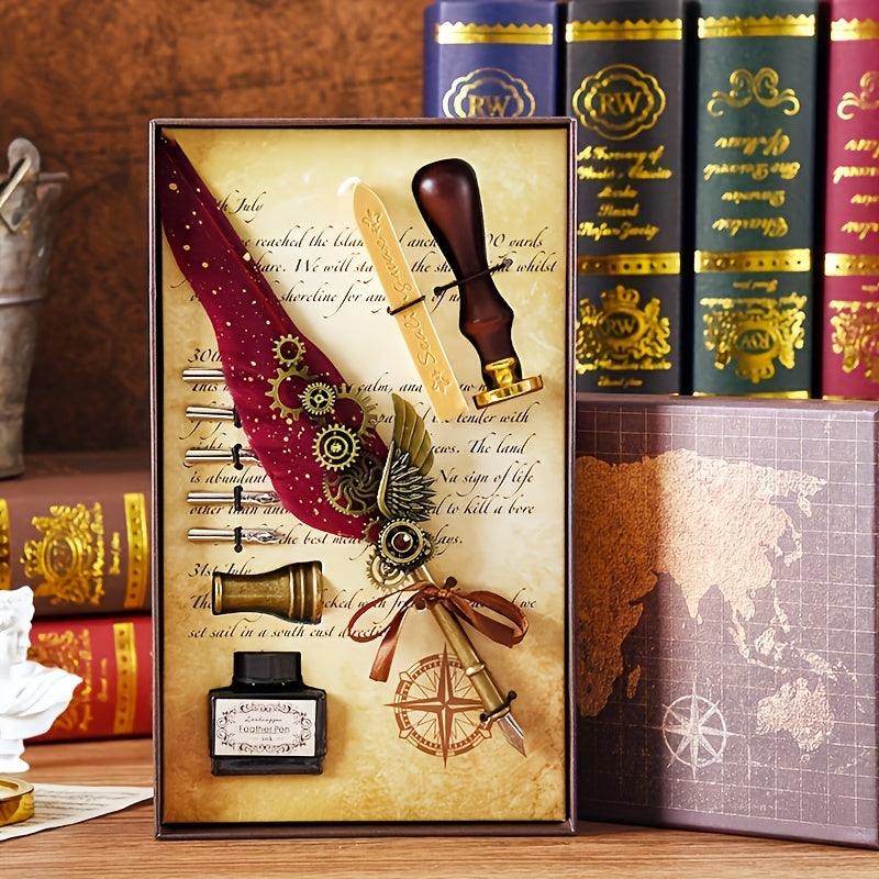 1 set of artificial feathers vintage mechanical gear pen