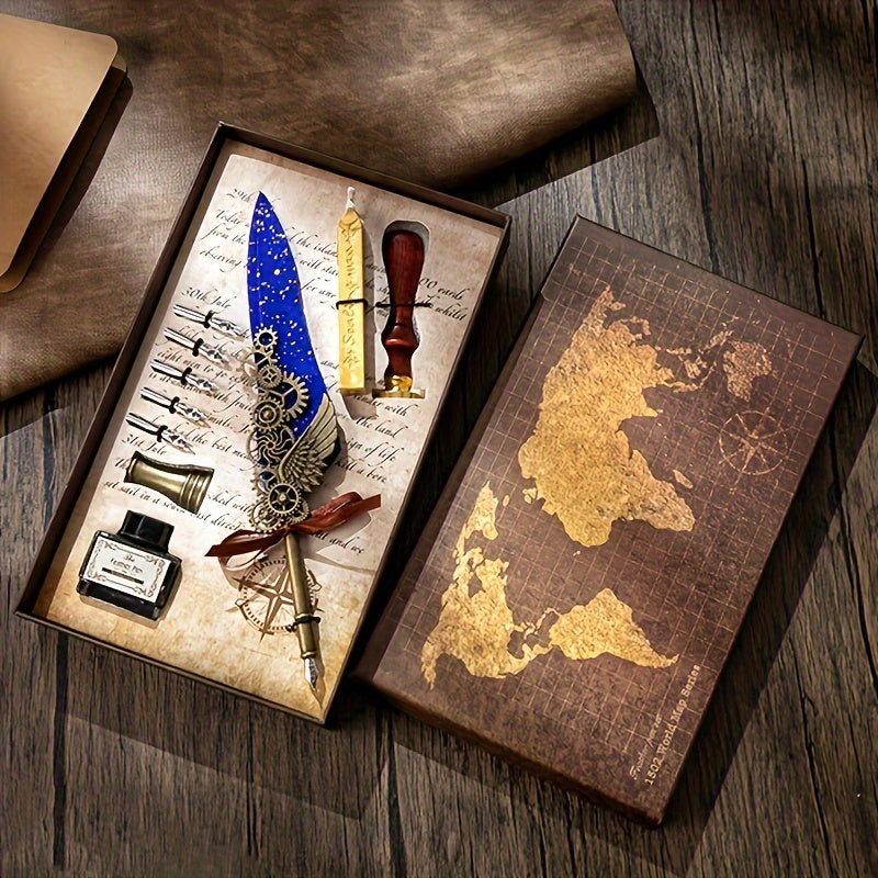 1 set of artificial feathers vintage mechanical gear pen