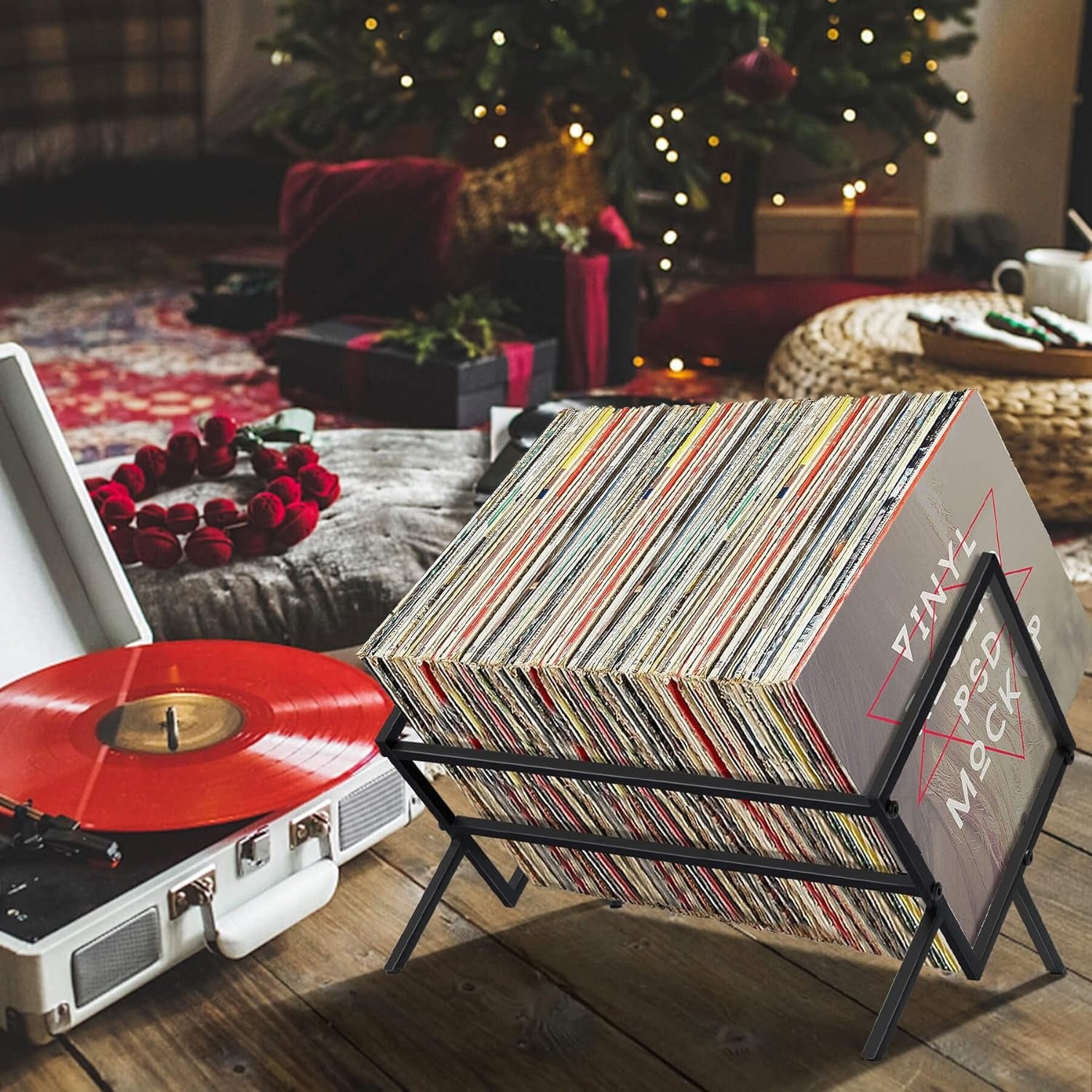 Modern Black Metal Vinyl Record Rack: Holds 80-100 Records