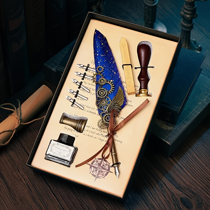 1 set of artificial feathers vintage mechanical gear pen