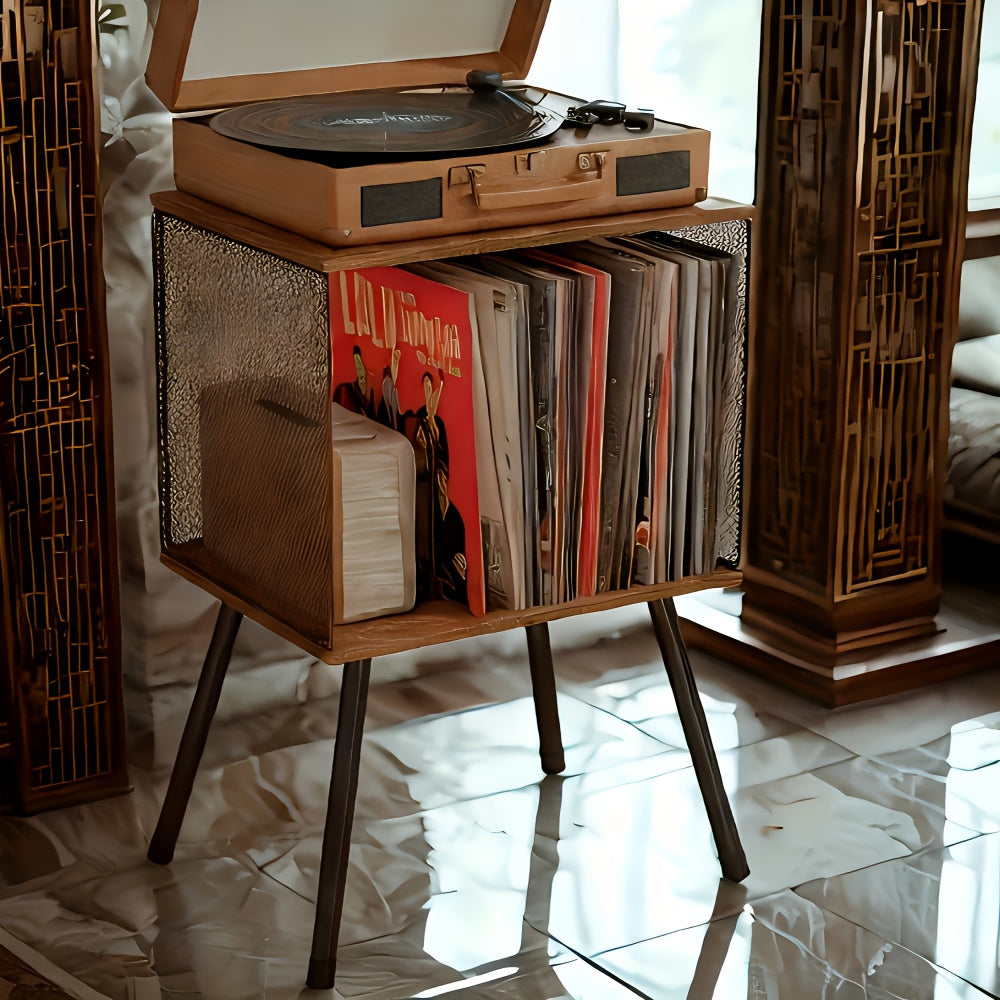 Vinyl Record Player Stand with Storage Shelf, 4 Legs + 2 Divided Shelves
