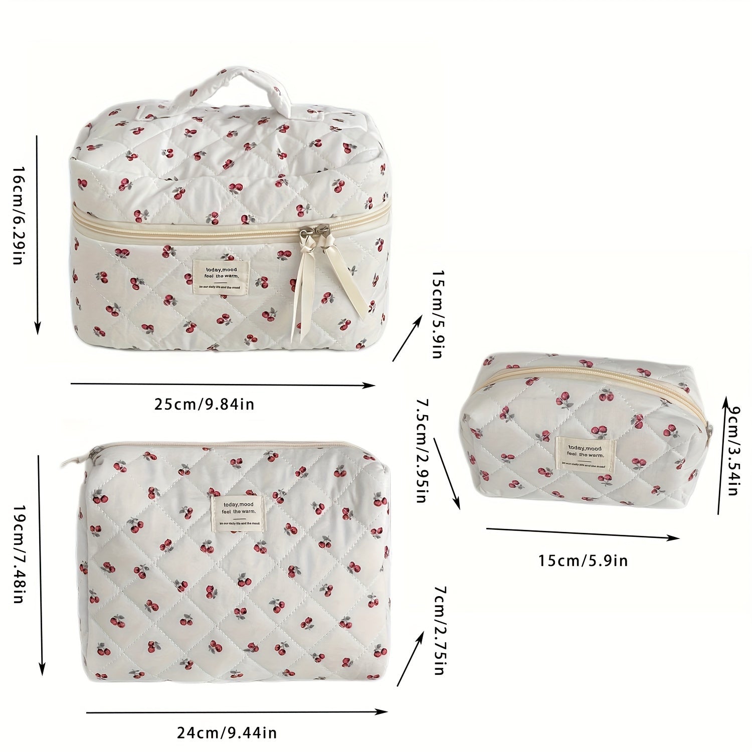 3pcs Quilted Sauce Fruit Cosmetic Bag