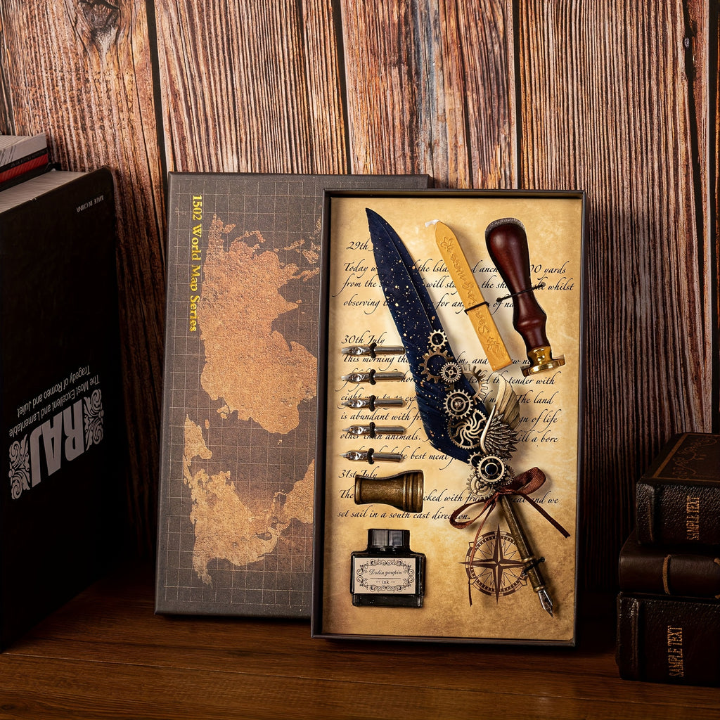 1 set of artificial feathers vintage mechanical gear pen