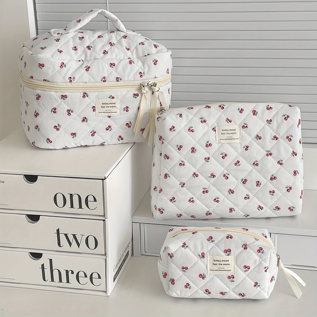 3pcs Quilted Sauce Fruit Cosmetic Bag