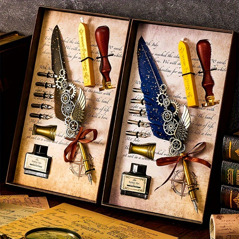 1 set of artificial feathers vintage mechanical gear pen