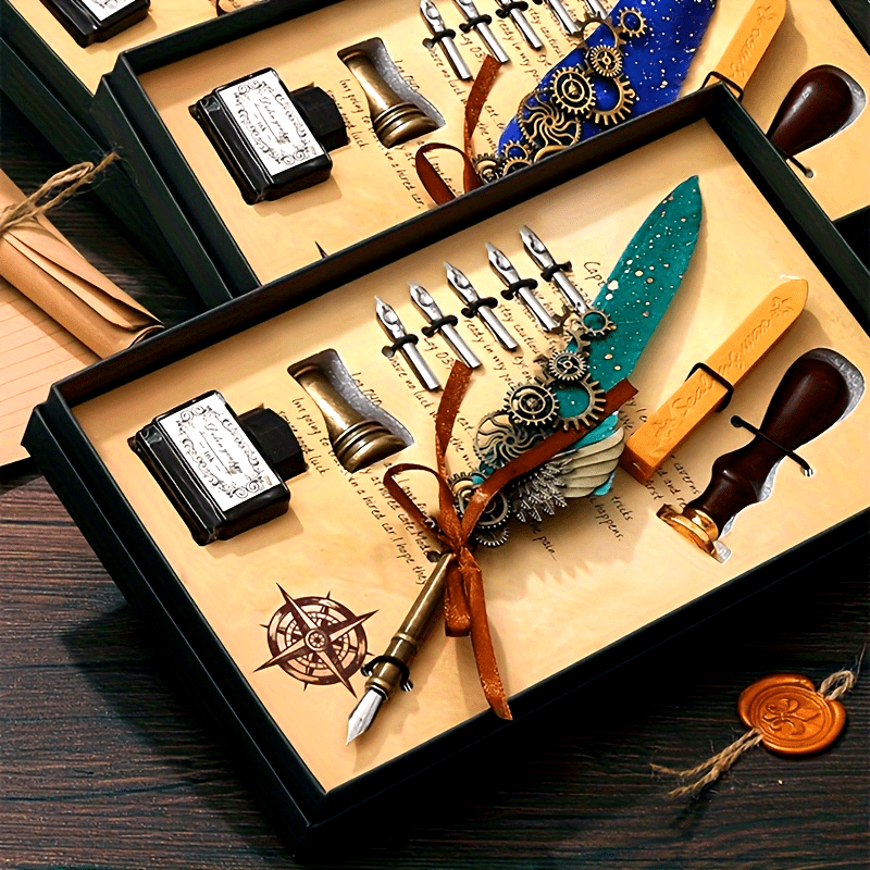 1 set of artificial feathers vintage mechanical gear pen